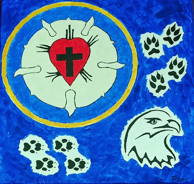 Illustration mit blauem Hintergrund, gelbem Ring, rotem Herz mit schwarzem Kreuz, Pfotenabdrücken und einem stilisierten Adlerkopf.