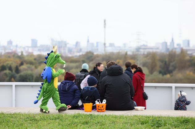 Aussicht vom Energieberg Georgswerder. Ein Kind imm Dino-Kostüm läuft durchs Bild.