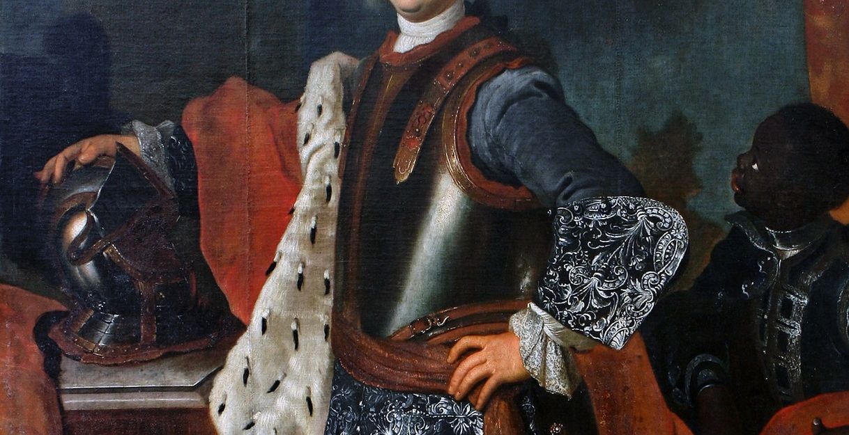 Historisches Gemälde eines adligen Mannes in Rüstung mit einem Diener im Hintergrund.