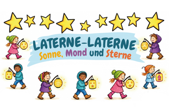 Illustration eines Laternenumzugs mit Kindern, die leuchtende Laternen tragen, darüber Sterne und der Schriftzug „Laterne-Laterne Sonne, Mond und Sterne“.