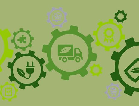 Zähnräder mit Symbolen, die für Nachhaltigkeit stehen wie E-Autos, Ökostrom, etc.