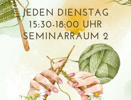 Plakat für interkulturelle Handarbeit mit Stricknadeln, Garn und Blumen.