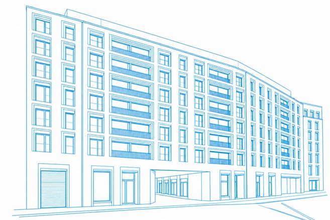 Architektonische Zeichnung eines modernen Gebäudes mit mehreren Stockwerken und großen Fenstern.