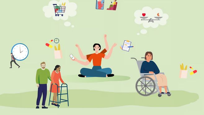 Illustration von Menschen, die verschiedene Aufgaben jonglieren, darunter Pflege und Arbeit. Eine Person sitzt im Rollstuhl, eine andere nutzt einen Rollator.