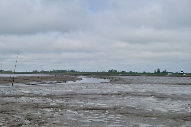 Weite Wattlandschaft mit Wolkenhimmel und einem Leuchtturm am Horizont.