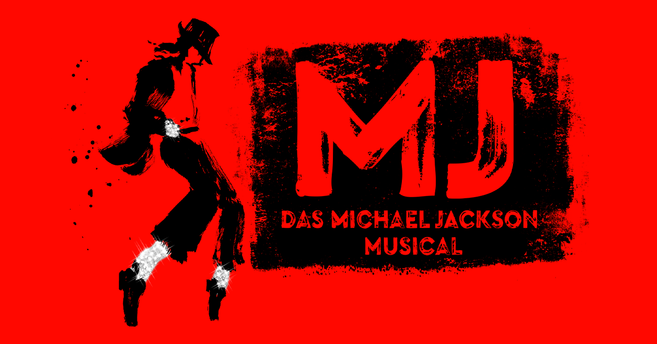 Silhouette von Michael Jackson in Tanzpose neben dem Schriftzug 'MJ - Das Michael Jackson Musical' auf rotem Hintergrund.