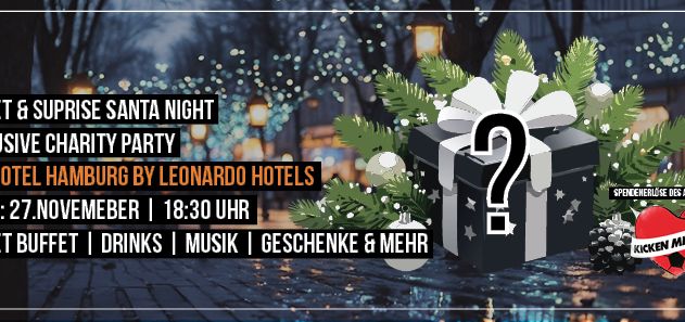 Titelbild der Veranstaltung. Eine Winterliche Innenstadtszenerie, eine Zeichnung eines Geschenks mit einem Fragezeichen das Logo von Kicken mit Herz.