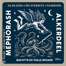 Poster für ein Konzert von Alkerdeel und Mephorash am 23.05.2026 auf der MS Stubnitz in Hamburg, mit einem Engel und einem Oktopus als Illustration.