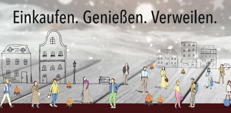 Illustration von Menschen, die in einer stilisierten Stadt mit Gebäuden und Laternen spazieren gehen. Der Himmel ist grau und es gibt kleine Feuerstellen.