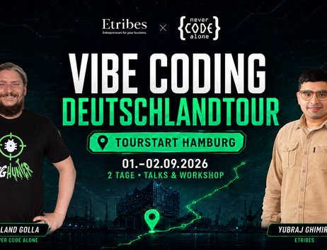 Veranstaltungsplakat: "VIBE CODING DEUTSCHLANDTOUR", Tourstart Hamburg, 1.-2. September 2026, Talks & Workshop. Mit den Speakern Roland Golla und Yubraj Ghimire.
