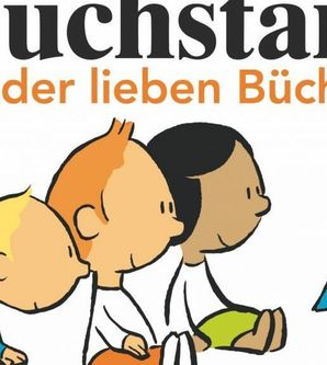 Cartoon Kinder, die in ein Buch gucken dazu der Text Buchstart Kinder lieben Bücher