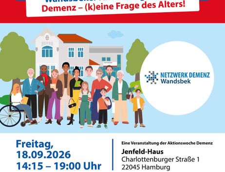 Illustration fröhlicher junger und alter Menschen, die sich vor einem Bürgerhaus versammeln 