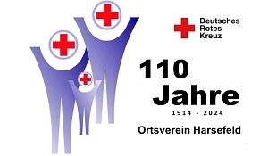 Logo des Deutschen Roten Kreuzes mit dem Text '110 Jahre Ortsverein Harsefeld 1914-2024'.