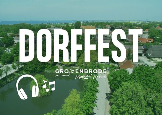 Luftaufnahme eines Dorfes mit dem Schriftzug 'Dorffest' und Symbolen für Musik und Kopfhörer.