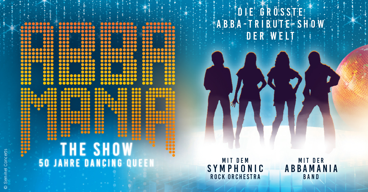 Plakat für ABBAMANIA THE SHOW mit Silhouetten von vier Personen und einem Discokugel-Hintergrund.