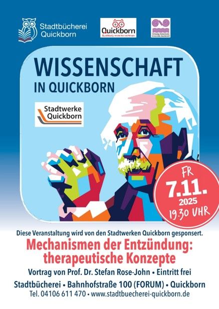 Plakat "Wissenschaft in Quickborn: Illustration von Albert Einstein in bunt