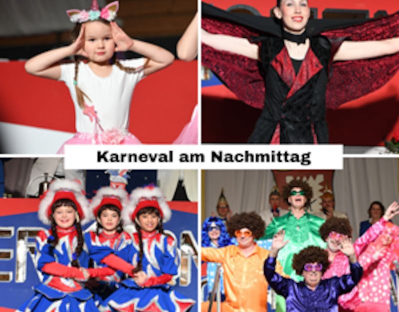 Collage von Karnevalsteilnehmern in bunten Kostümen bei einer Veranstaltung.