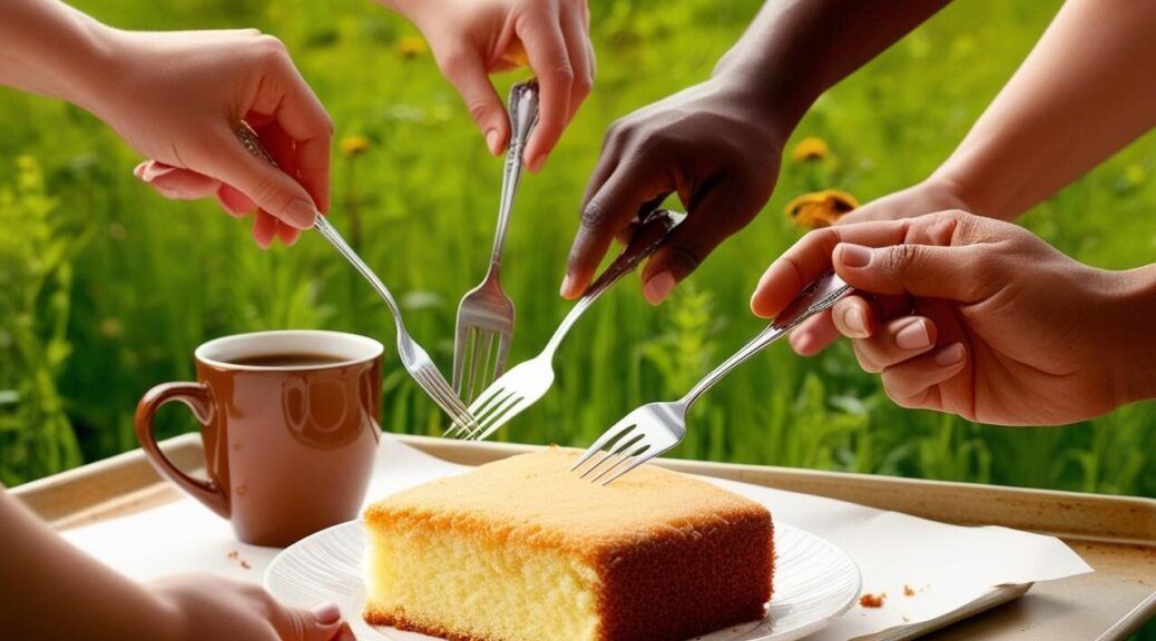 Mehrere Hände strecken Gabeln nach einem Stück Kuchen
