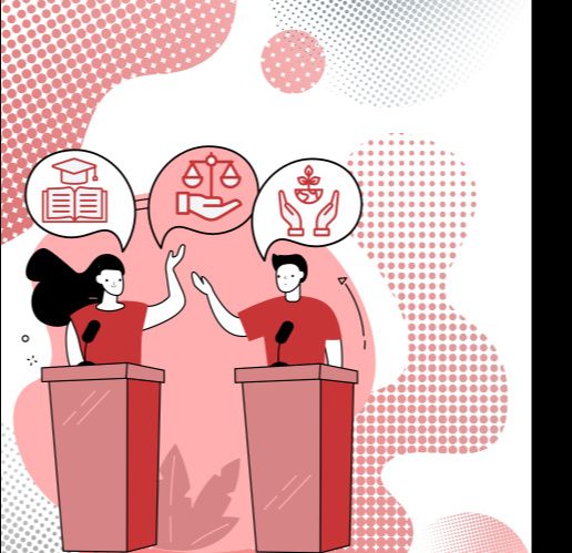 Illustration von zwei Personen an Rednerpulten mit Symbolen für Bildung, Gerechtigkeit und Nachhaltigkeit.