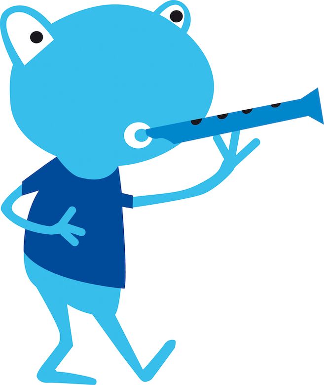 Illustration einer blauen, cartoonartigen Figur, die eine Klarinette spielt.