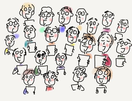 Eine Zeichnung eines Chors mit verschiedenen Personen, die Notenblätter halten und singen.