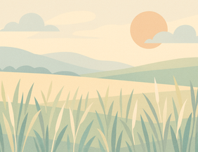 Illustration einer Wiese mit Gräsern, Hügeln und einer Sonne am Himmel.