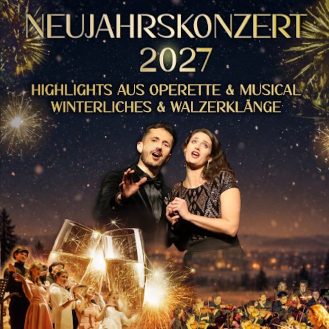 Plakat zum Neujahrskonzert 2027 in der Stadthalle Winsen mit zwei Solisten, Orchester, Sektgläsern und Feuerwerk.