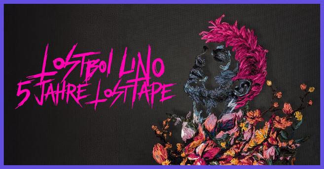 Kunstwerk mit stilisiertem Porträt und Blumen, begleitet von dem Text 'Lostboi Lino 5 Jahre Lostape'.