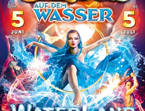 Werbeplakat für den Zirkus 'Waterland' in Hamburg, mit Artisten und Wassereffekten.