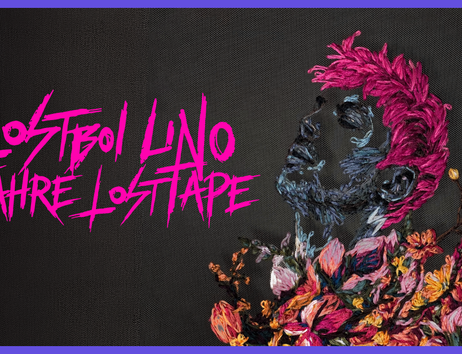 Kunstwerk mit stilisiertem Porträt und Blumen, begleitet von dem Text 'Lostboi Lino 5 Jahre Lostape'.