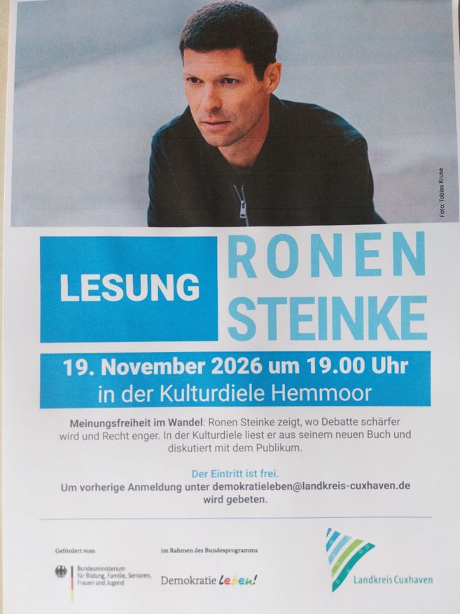 Plakat für eine Lesung mit Ronen Steinke am 19. November 2026 in der Kulturdiele Hemmoor.