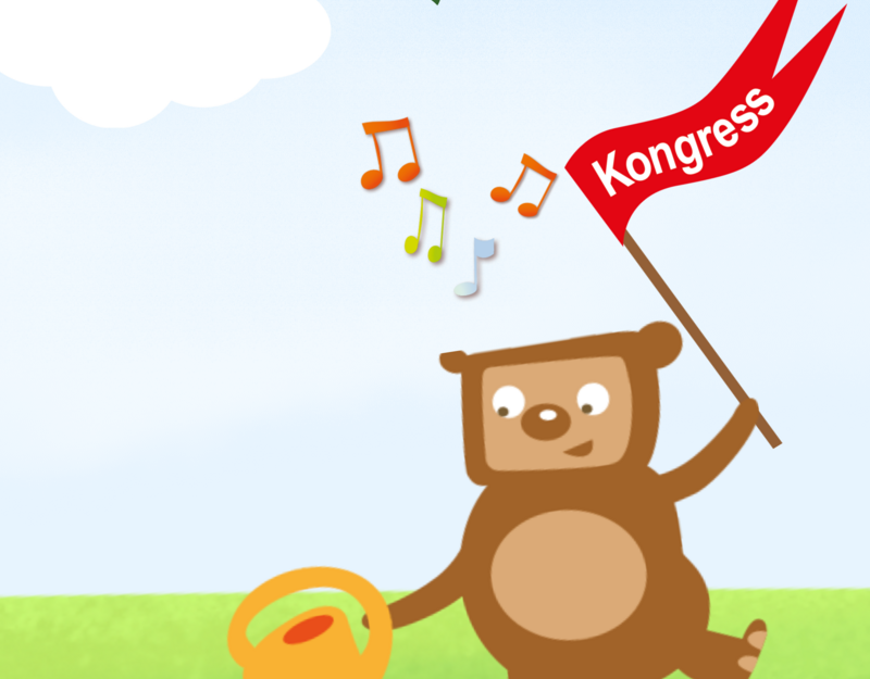 Ein Cartoon-Bär mit einer Gießkanne und einer Fahne mit der Aufschrift 'Kongress' steht auf einer Wiese und gießt eine Blume. Musiknoten schweben in der Luft.