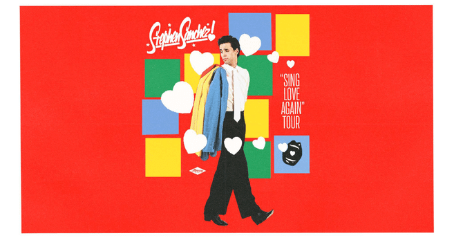 Plakat der "Sing Love Again" Tour von Stephen Sanchez mit bunten Quadraten und Herzen auf rotem Hintergrund.
