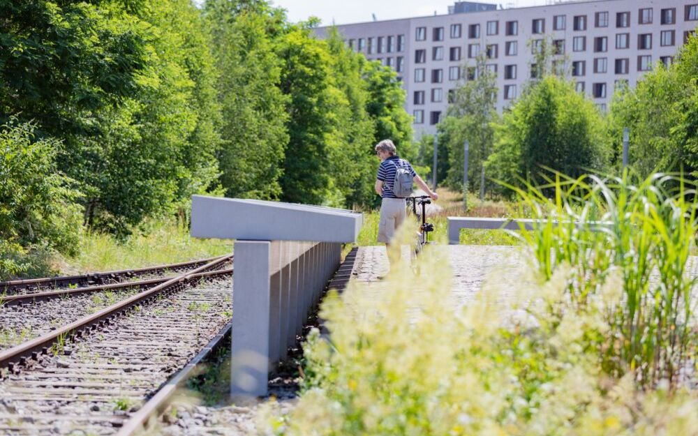 Blick aus Kniehöhe. Links sind zwei Gleise zu sehen. Mittig eine lange Reihe von Informationstafeln aus Beton, die von einem Menschen mit Fahrrade betrachtet werden. Im Hintergrund sind grüne Bäume sowie eine Reihenhauszeile zu sehen.