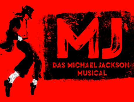Silhouette von Michael Jackson in Tanzpose neben dem Schriftzug 'MJ - Das Michael Jackson Musical' auf rotem Hintergrund.