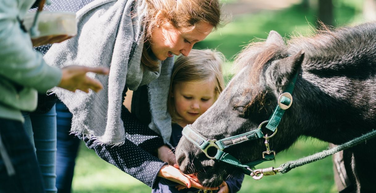 Eine Frau und ein Kind füttern ein Pony im Freien.