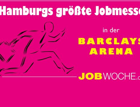 Plakat für Hamburgs größte Jobmesse in der Barclays Arena, mit einer stilisierten Figur in Bewegung.