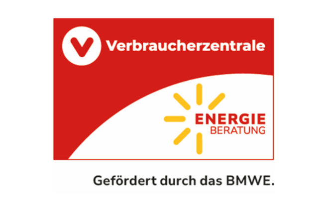 Logo der Verbraucherzentrale mit Hinweis auf Energieberatung, gefördert durch das BMWi.