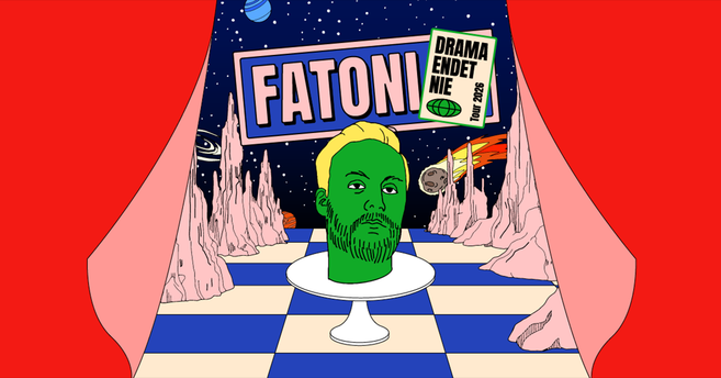 Illustration eines grünen Kopfes auf einem Podest in einer surrealen Landschaft mit Planeten und Kometen. Im Hintergrund steht 'Fatoni - Drama endet nie Tour 2026'.