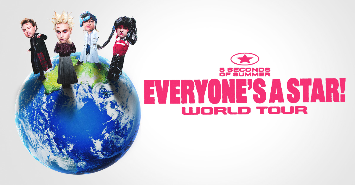 Illustration von vier Personen auf einer Erdkugel mit dem Text '5 Seconds of Summer - Everyone's A Star! World Tour'.