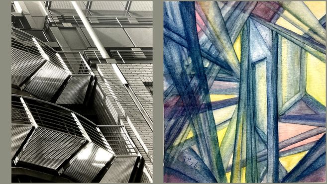 Links ein Schwarzweißfoto eines modernen Gebäudes mit Treppen, rechts ein abstraktes, farbenfrohes Gemälde mit geometrischen Formen.