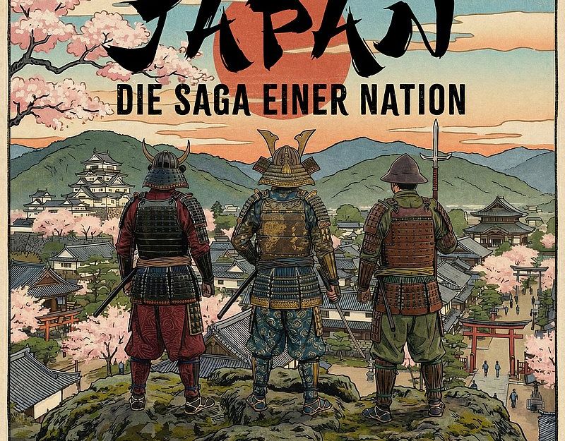 Drei Samurai in traditioneller Rüstung stehen auf einem Hügel und blicken auf eine japanische Stadt mit Kirschblüten und Bergen im Hintergrund.