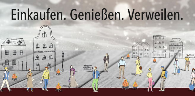 Illustration von Menschen, die in einer stilisierten Stadt mit Gebäuden und Laternen spazieren gehen. Der Himmel ist grau und es gibt kleine Feuerstellen.