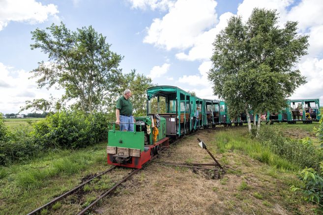 Eine kleine grüne Moorbahn fährt durch eine ländliche Landschaft mit Bäumen und Wiesen. Ein Mann steht auf der Lokomotive.