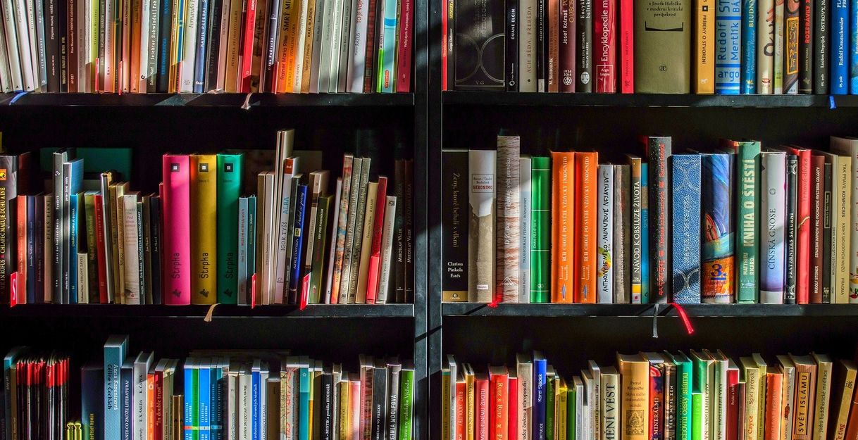 Ein Bücherregal voller bunter Bücher in einer Bibliothek.
