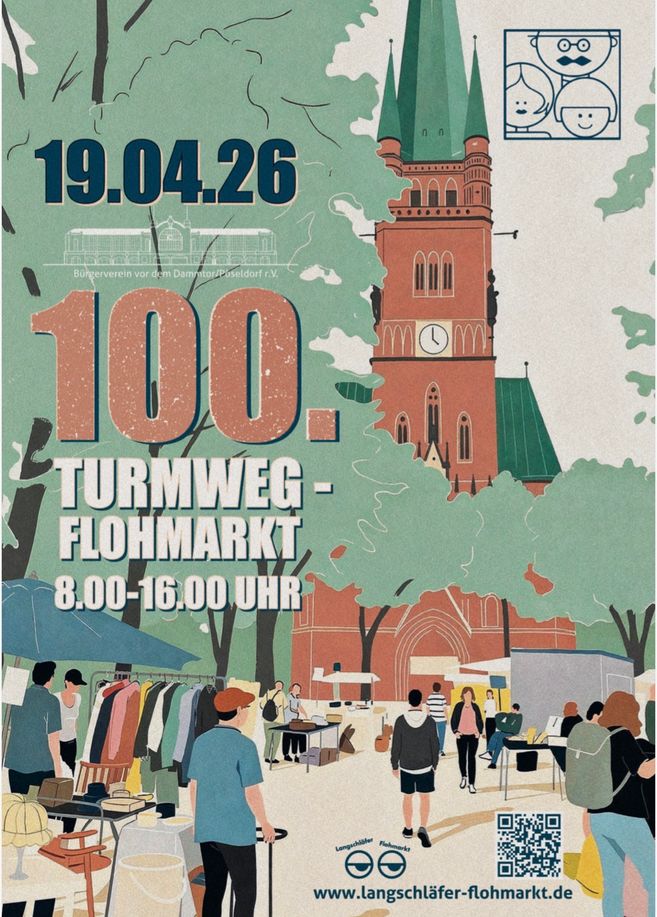 Plakat für den 100. Turmweg-Flohmarkt am 19.04.2026 auf dem Turmweg Hamburg Harvestehude