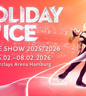 Plakat der neuen Holiday on Ice Show mit einer Eiskunstläuferin auf orange-pinkem Hintergrund