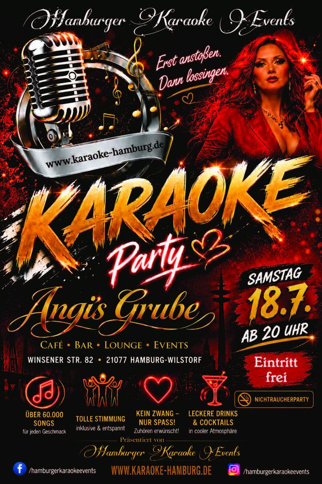 Flyer für die Karaoke-Party am 18.7.26 in Angi's Grube