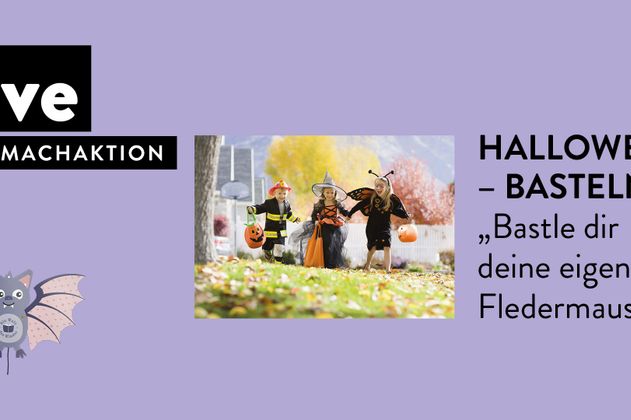 Zu sehen sind Kinder verkleidet als eine Hexe, Schmetterling, Feuerwehrmann und die Hugendubel Fledermaus.