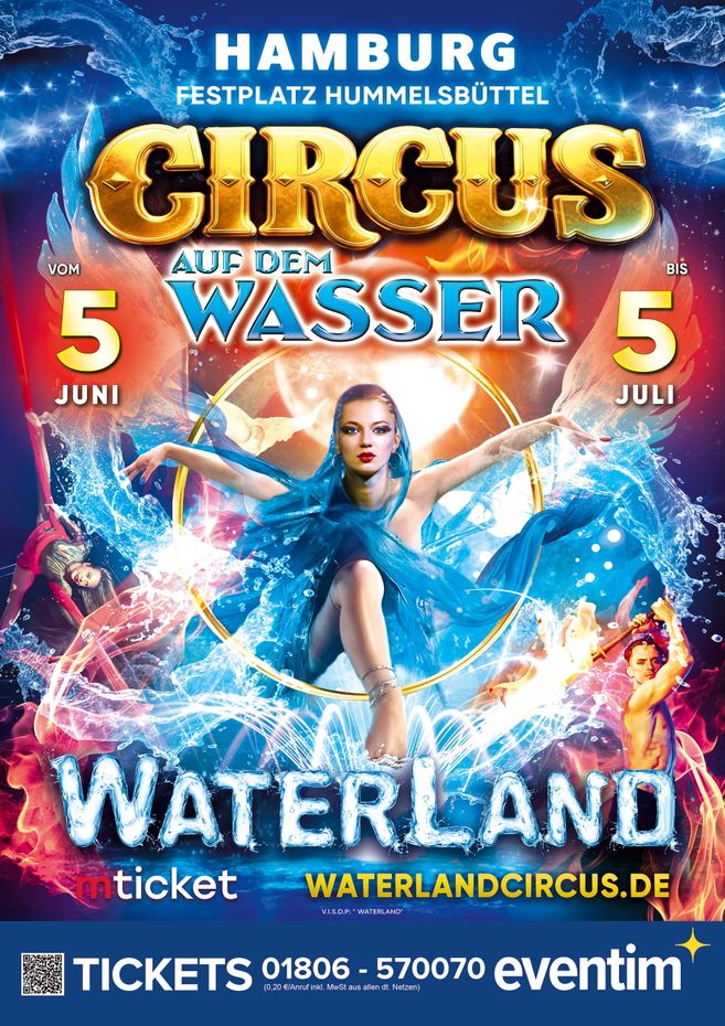 Werbeplakat für den Zirkus 'Waterland' in Hamburg, mit Artisten und Wassereffekten.